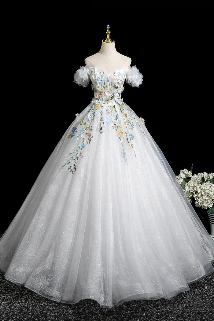 White Tulle Lace Long A-Line Prom Dress, Beautiful Off the Shoulder Party Dress